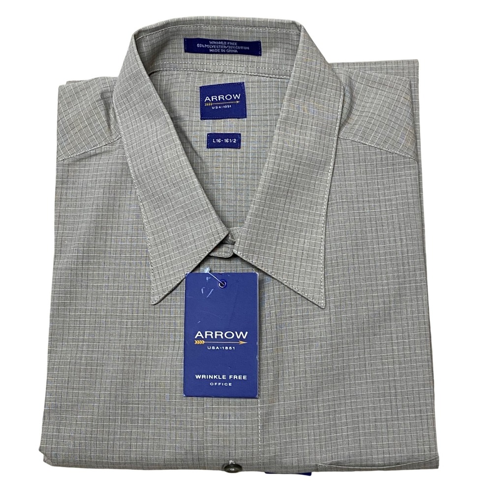 Arrow Mens Wrinkle Free Dress Shirt L16 16.5 Neck Long Sleeve Tan Plaid NWT